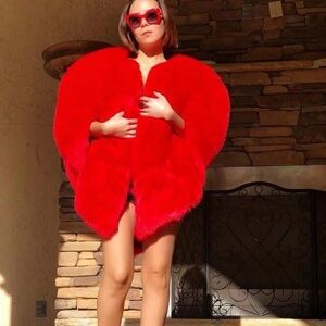 Vibrant Red Faux Fur Cape Coat